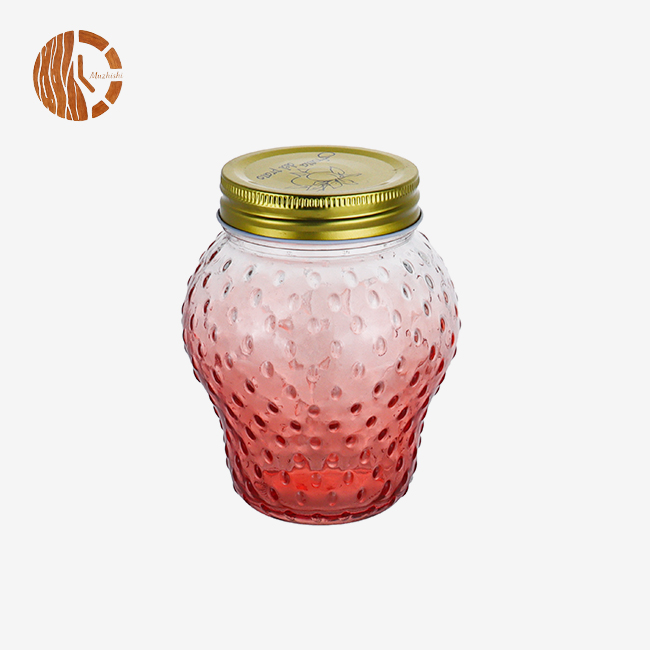 Strawberry Shaped Gradient Red Hobnail Glass Jar with Gold Metal Lid